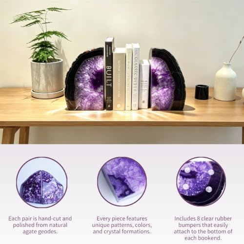 Decorative Agate Bookends 2-3 lbs Dyed Purple Natural Crystal Geode Book Ends for Home Decor Housewarming Gift 1 Pair - Image 3