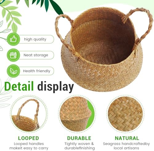 Knitgrip Large Wicker Plant Basket with Handle 10 Inch Woven Seagrass Belly Basket and Artificial Moss for House Plants Picnic Grocery Laundry Storage Home Decor(Large,Original,1 Pack) - Image 3