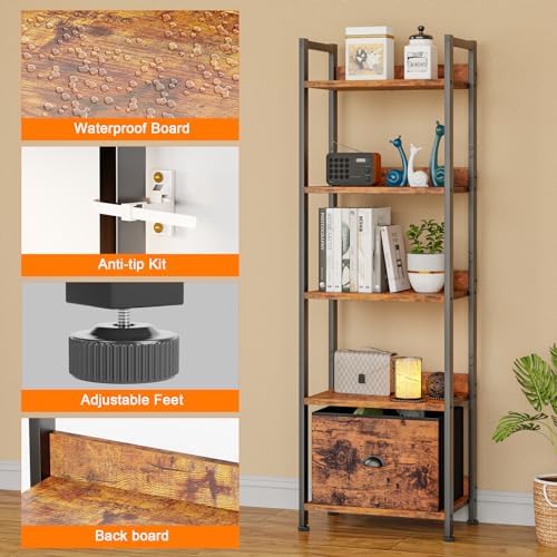 Furologee 5 Tier Bookshelf with Drawer, Tall Narrow Bookcase, Rustic Brown - Image 4