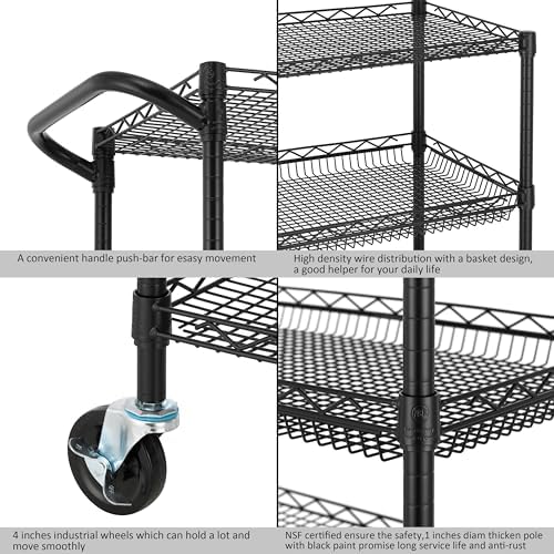 Finnhomy 3 Tier Heavy Duty Commercial Grade Utility Cart, Wire Rolling Cart with Handle Bar, Steel Service Cart with Wheels, Kitchen Carts on Wheels, Metal Cart Shelf Size 18" D x 36" W, NSF, Black - Image 6