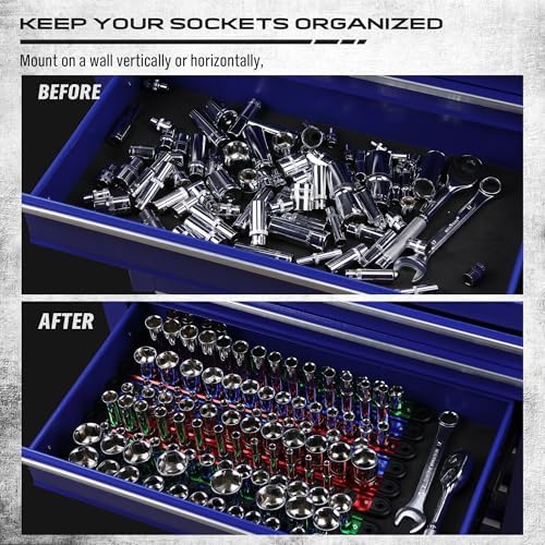 Magnetic Socket Holder Organizer Set: 9-Piece Detachable 1/4, 3/8, 1/2 Socket Trays Socket Organizer for Tool Box Drawer Holds 120-Piece Standard Size Sockets for Automotive Garage(Blue Red Green) - Image 6
