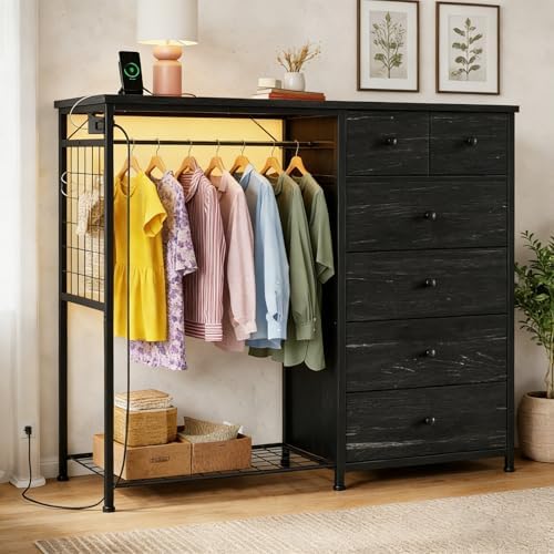 Simple Deluxe Storage Clothes Rack with 6 Drawers, Charging Station & LED Lights, Fabric Chest Shelves Clothing Rack, Wooden Portable Wardrobe Closet, 49.2" W x 15.7" D x 47.2" H, Black by SimpleDeluxe
