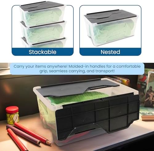 ORGANIZE-IT!, 6-Pack Flip-Top Tote 28 Qt, Storage Bin with a Clear Plastic Base, Black Lid, Stackable, 18" L X 12" W X 8" H - Image 5