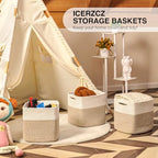 ICERZCZ 13 Inch Cube Closet Storage Bins, Woven Cotton Rope Organizer Baskets for Organizing & Shelves, Books, Towels, Clothes, Toys, 13x13x13 in, Off White & Brown (Pack of 3) - Image 6
