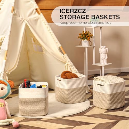 ICERZCZ 13 Inch Cube Closet Storage Bins, Woven Cotton Rope Organizer Baskets for Organizing & Shelves, Books, Towels, Clothes, Toys, 13x13x13 in, Off White & Brown (Pack of 3) - Image 6
