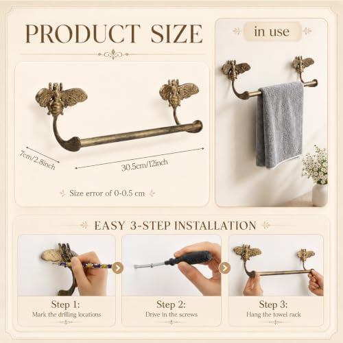 12 in Bee Antique Brass Towel Bar Vintage Gold Bathroom Towel Rack - Image 2