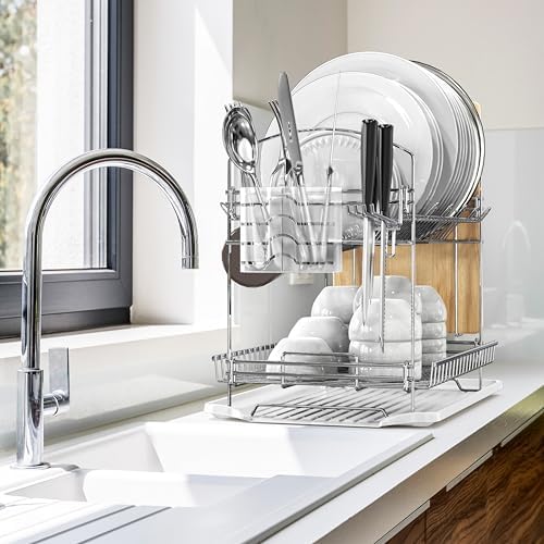 Simple Houseware 2-Tier Stainless Steel Dish Rack with Drainboard, Chrome - Image 7