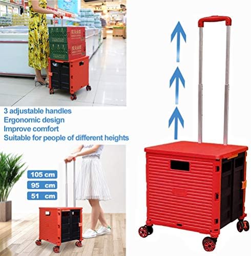 Foldable Utility Cart Folding Portable Rolling Crate Handcart Shopping Trolley Wheel Box with Lid Wear-Resistant Noiseless 360°Rotate Wheel for Travel Shopping Moving Storage Office Use (Red) - Image 4