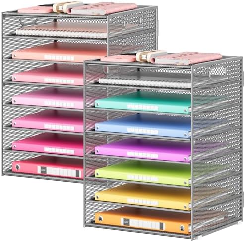 Lavatino 2 Pack 8-Tier Office Desk File Organizer, Letter Tray Paper Organizer with Handle, Including 5 Adjustable Slide Trays for Organizing Desk Workspace Accessories and Supplies (Silver Mesh) by Lavatino