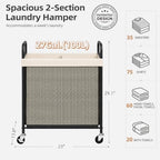 STORAGE MANIAC Rolling Laundry Hamper with Wheels 2-Section Laundry Sorter Rolling Laundrys Basket on Wheels with Removable Bag Clothes Hamper Laundrys Organizer Cart Bathroom Bedroom 100L Beige - Image 3