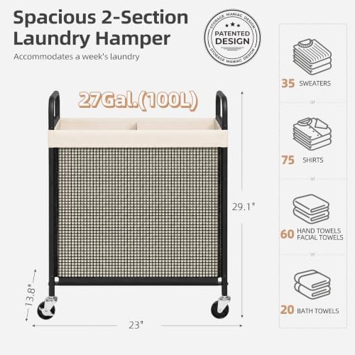 STORAGE MANIAC Rolling Laundry Hamper with Wheels 2-Section Laundry Sorter Rolling Laundrys Basket on Wheels with Removable Bag Clothes Hamper Laundrys Organizer Cart Bathroom Bedroom 100L Beige - Image 3