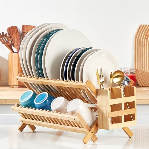NOVAYEAH Bamboo Dish Drying Rack-2 Tier, Collapsible Small Dish Rack with Utensil Holder, Wooden Drying Rack for Kitchen Counter, Apartment Essentials Kitchen Plate Holder Organization 34 pcs Grid - Image 7