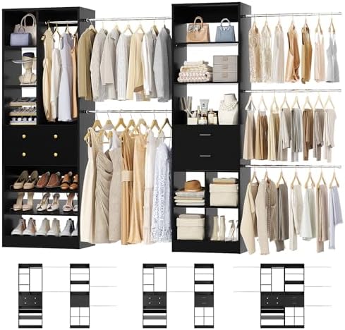 Besiost Closet System, Up to 128.6"/10.7 FT Closet Organizer with 4 Wooden Drawers and Shelves, Walk-in Closet System with 6 Hanging Rods, Built-in Closet Can Fit 96"/8FT, 120"/10FT, Black Set 2 by Besiost