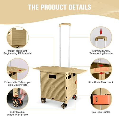 Rolling Shopping Cart with Wheels,Folding Utility Cart for Grocery,Durable Heavy Duty Collapsible Crate Rubber Tool Box with Magnetic Lid/Telescopic Cover for Office/Teachers Tote Basket/Travel - Image 3