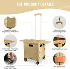 Rolling Shopping Cart with Wheels,Folding Utility Cart for Grocery,Durable Heavy Duty Collapsible Crate Rubber Tool Box with Magnetic Lid/Telescopic Cover for Office/Teachers Tote Basket/Travel - Image 3