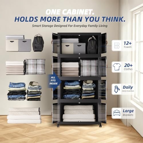 SAILUN 424QT/106Gal Stackable Storage Bins with a Lid, Collapsible Storage Bins With Doors, Folding Cabinet for Home Closet Organization,4 Pack-26 W x 16.5" D x 57.1" H Black - Image 5