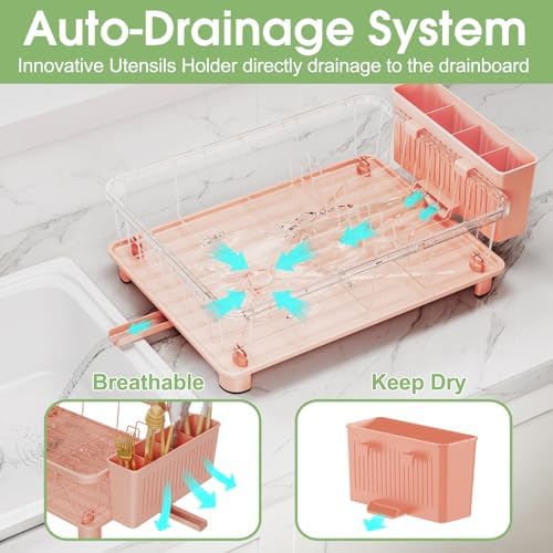 Hiviweer Dish Drying Rack for Kitchen Counter, 16.2" L x 12.5" W, Pink - Image 2