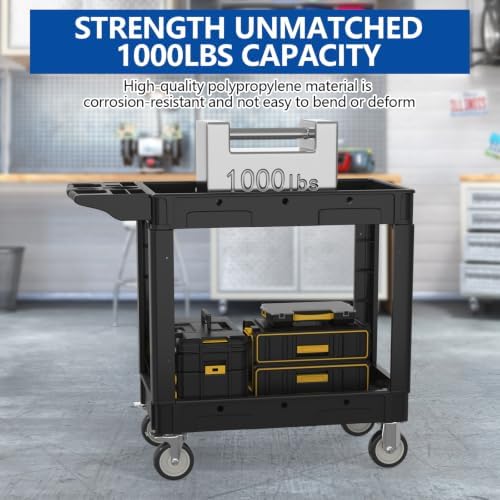 2 Tier Plastic Rolling Cart Utility Cart on Wheels, Heavy Duty Tool Carts with Ergonomic Storage Handle and Deep Shelfs, Work Cart Service Cartss for Garage, Warehouse, Workshop, Office, Cleaning - Image 6