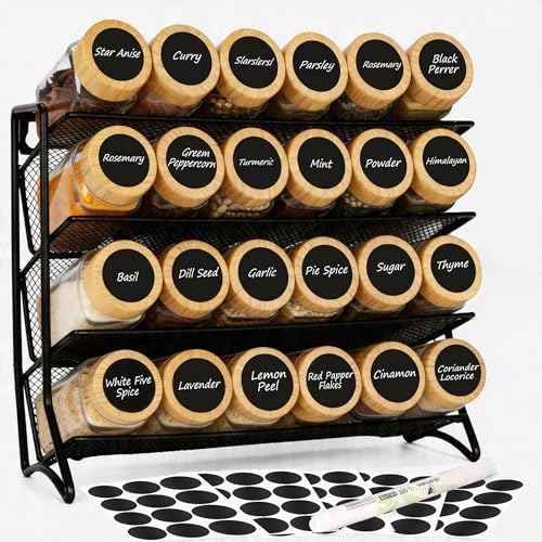 DIDITIME Spice Rack Organizer with 24 Glass Jars and 60 Labels, 4-Tier Seasoning Organizer for Cabinet, Countertop, Pantry or Wall Mount, Rust-Resistant Carbon Steel Spice Jar Set with Marker by DIDITIME