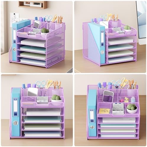 Lavatino 5-Tier Metal Mesh Desk Organizer with File Holder & 7 Customizable Compartments | Paper Letter Tray for Office or Home Desk Storage | Keep Workspace Supplies Neat & Organized, Purple - Image 4