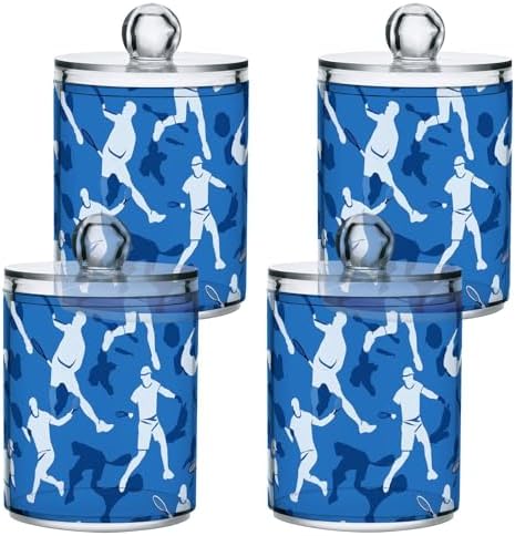 Fustylead 4 Pack Blue Tennis Player Silhouette Qtip Holder Dispensers, Bathroom Storage Canister Plastic Apothecary Jar Set for Cotton Swabs, Ball, Pads, Floss by Fustylead