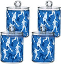 Fustylead 4 Pack Blue Tennis Player Silhouette Qtip Holder Dispensers, Bathroom Storage Canister Plastic Apothecary Jar Set for Cotton Swabs, Ball, Pads, Floss by Fustylead