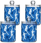 Fustylead 4 Pack Blue Tennis Player Silhouette Qtip Holder Dispensers, Bathroom Storage Canister Plastic Apothecary Jar Set for Cotton Swabs, Ball, Pads, Floss by Fustylead