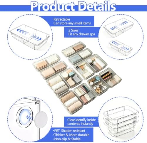 15 Pack Adjustable Drawer Organizers-Expandable Storage Bins with Non-Slip Design, Modular Drawer Dividers for Makeup, Bathroom Vanity, Cosmetics, Jewelry, Toiletries, Office Supplies and Kitchen - Image 3