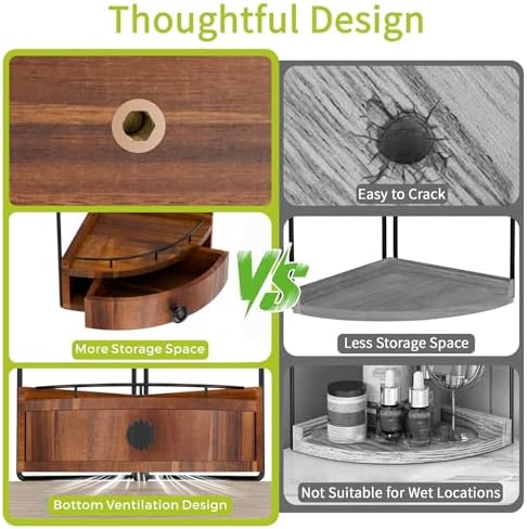 2-Tier Corner Bathroom Counter Organizer with Drawer, Acacia Wood - Image 7