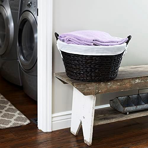 Household Essentials Round Wicker Laundry Basket with Handwoven Water Hyacinth, Metal Frame Support, and Removable Polyester Liner, Brown Finish and White - Image 2