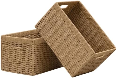 UBBCARE 2 Pack Wicker Basket, 13.4L×8.3H×7.1W inch Woven Paper Rope Storage Baskets for Shelves, Foldable Rectangular Storage Baskets with Handle, Storage Basket for Organizing, Natural by UBBCARE