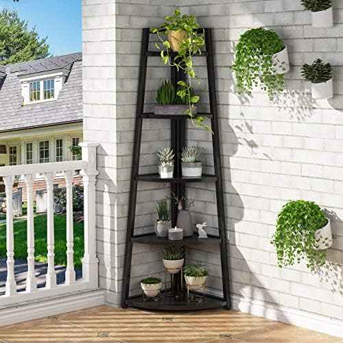 Tribesigns 70 inch Tall Corner Shelf, 5 Tier Modern Corner Bookshelf Bookcase Industrial Corner Ladder Shelf Plant Stand for Living Room, Kitchen, Home Office (Black) - Image 5