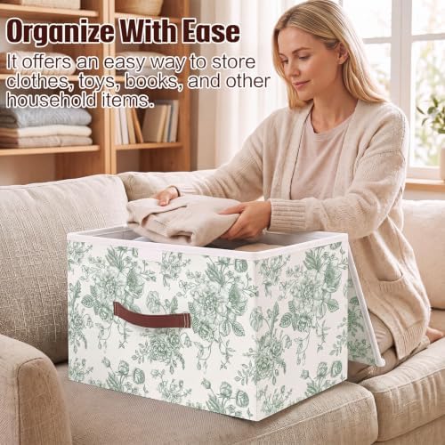 2 Pack Sage Green Floral Storage Bin with Lids, 17x11x12 Inch - Image 3