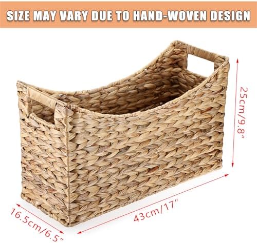 BTSKY Woven Magazine Holder, Water Hyacinth Magazine Basket, Natural Storage Basket Bin for Books & Files, Bathroom Magazine Rack with Built-in-Handle for Home, Office & Desk - 17x6.5x9.8 Inch - Image 3