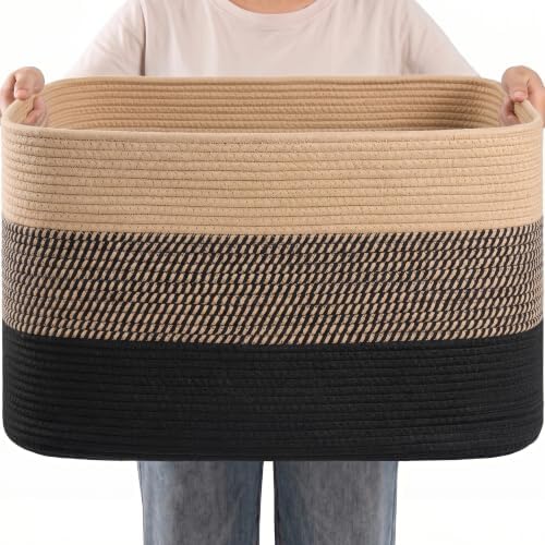Large Laundry Basket/Hamper, 22"x17"x12", Jute/Black by Hobasket