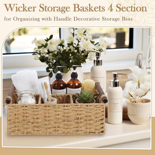 Remerry Beige Bathroom Countertop Organizer Caddy, Wicker-Like Divided Basket with Handle and Metal Frame, 4 Compartment, Paper Rope Storage Organizer for Vanity Kitchen (10.24 x 7.87 x 3.94 in) - Image 5