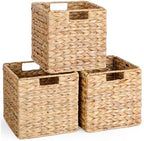 10.5x10.5 Water Hyacinth Storage Baskets, Collapsible Square Wicker Baskets Cube Storage Bins for 11 Inch IKEA Kallax, Set of 3 by DINGTAI