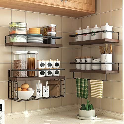 Wood Floating Shelves Wall Mounted - 4+1 Tier Rustic Bathroom Wall Shelves Over Toilet with Wire Storage Basket and Towel Bar, Set of 4 Farmhouse Floating Shelf for Bathroom, Kitchen, Bedroom. - Image 5