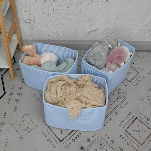 XUANGUO Woven Cotton Rope Storage Baskets 15x10x9.3" 3 Pack Light Blue - Image 4