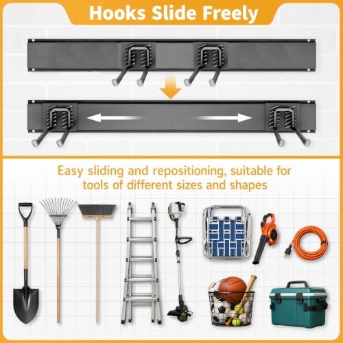 CBWLWJ Garage Tool Organizer Wall Mount, 48 inch Garage Wall Organizer, 400lbs Sturdy Garden Tool Organizer with 6 Adjustable Hooks, for Yard, Shed, Basement, Workshop(Black) - Image 7