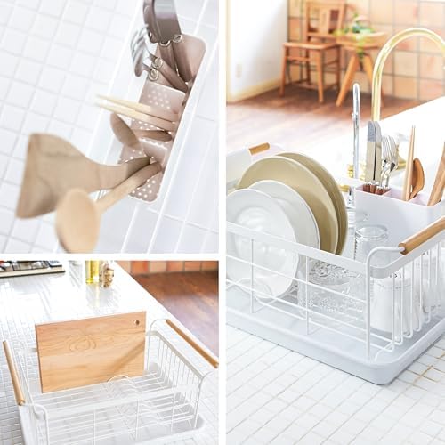 YAMAZAKI Home Dish Drying Rack – Modern White Dish Rack for Kitchen Counter with Removable Drying Tray and Cutlery Holder, Steel + Wood Dish Drying Organizer - Steel + Wood - - Image 4