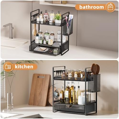 VITVITI 2 Tier Bathroom Organizer Countertop with Drawer, Metal Mesh Bathroom Counter Vanity Organizer Storage, Bath Room Sink Kitchen Spice Rack with Basket Hooks, Black - Image 5