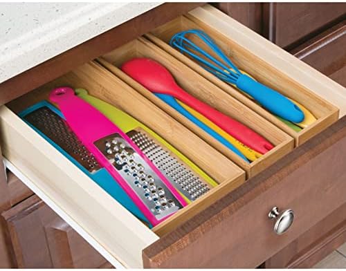 mDesign Wooden Bamboo Drawer Organizer - 15" Long Stackable Storage Box Tray for Kitchen Drawers/Cabinet - Utensil, Silverware, Spatula, and Flatware Holder - Echo Collection - 4 Pack, Natural Wood - Image 3
