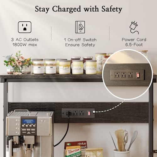 SUPERJARE Bakers Rack with Power Outlets, Microwave Stand, 31.5 X 16.5 Inch Larger Desktop, Kitchen Storage Rack with Adjustable Middle Shelf, 6 S-Shaped Hooks, Coffee Bar Stand, Black - Image 3