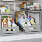 Under Sink Organizer Upgrade To Professional Rails,2-Tier Dual Pull Out Cabinet Storage,Height Adjustable Slide Out Drawers For Bathroom Kitchen,2 Pack-21"Dx12.8"-16.9"H,Gun Gray by UnderSinkOrganizer