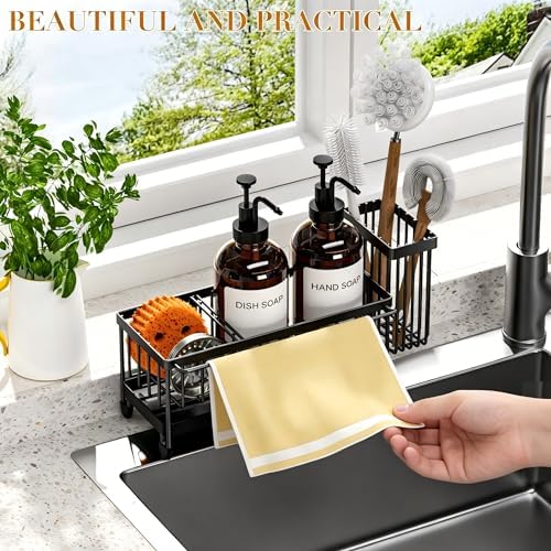 Kitchen Soap Dispenser Set with Sponge Holder and Towel Rack, 17OZ Glass Bottle, Hand and Dish Soap Dispenser Set, Non-Slip Silicone Pad, Brush Holder, Kitchen Sink Caddy Organizer Countertop (Amber) - Image 3