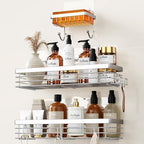 Orimade Adhesive Shower Caddy Soap Dish Holder Shelf with 5 Hooks Bathroom Organizer Basket Kitchen Storage Rack Wall Mounted No Drilling Stainless Steel - 3 Pack,Silver by Orimade