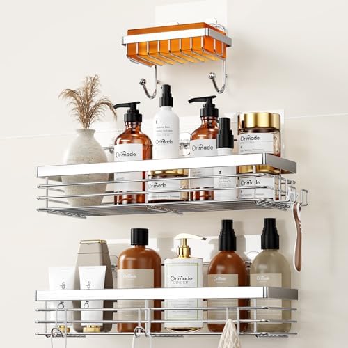 Orimade Adhesive Shower Caddy Soap Dish Holder Shelf with 5 Hooks Bathroom Organizer Basket Kitchen Storage Rack Wall Mounted No Drilling Stainless Steel - 3 Pack,Silver by Orimade