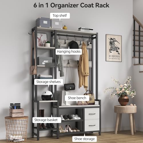 Hall Tree for Entryway 43", Bench with Shoe Storage, Large Coat Rack Shoe Bench with 5 Tier Shelves, 5 in 1 Design Front Door Shoe Rack and Wall Rack Hooks, and 2 Drawers (Rustic White) - Image 4