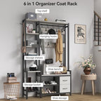 Hall Tree for Entryway 43", Bench with Shoe Storage, Large Coat Rack Shoe Bench with 5 Tier Shelves, 5 in 1 Design Front Door Shoe Rack and Wall Rack Hooks, and 2 Drawers (Rustic White) - Image 4